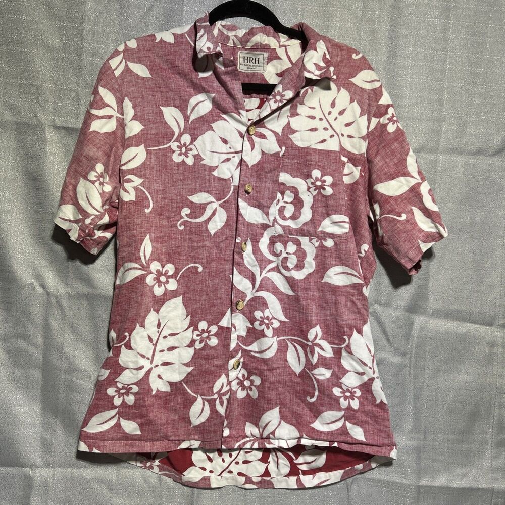 HRH His Royal Highness Shirt Hawaiian Aloha Popover Casual Floral Print Red Pink